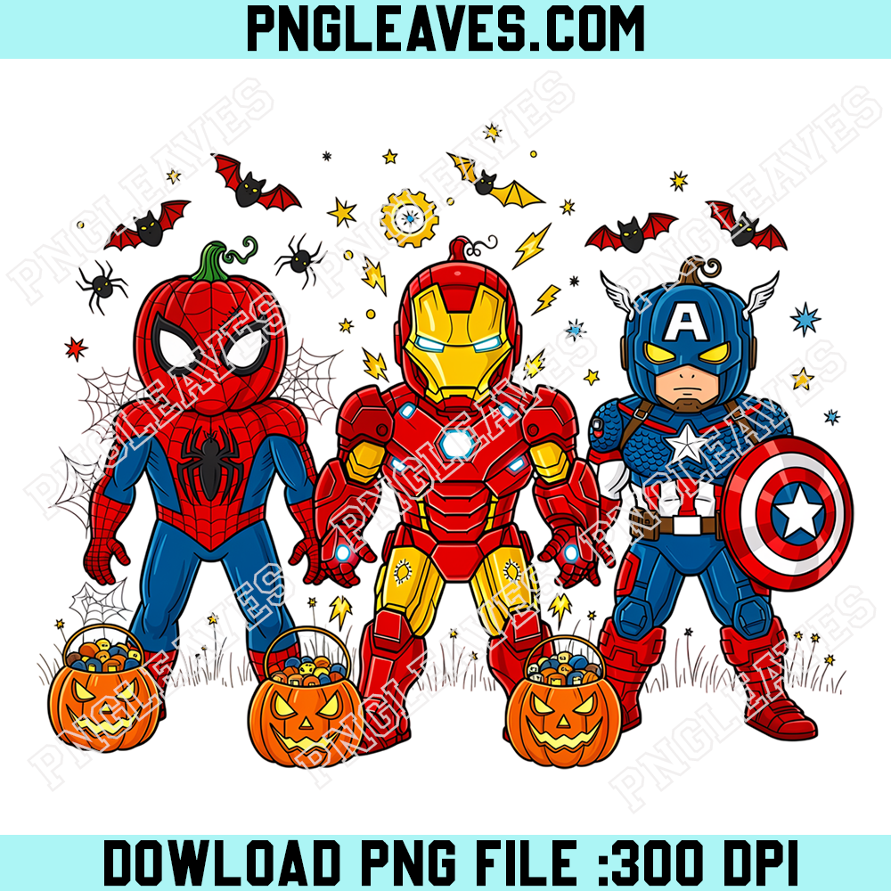 Marvel Superheroes Halloween Trick Or Treat PNG, Spider Iron Captain Pumpkin Candy Design