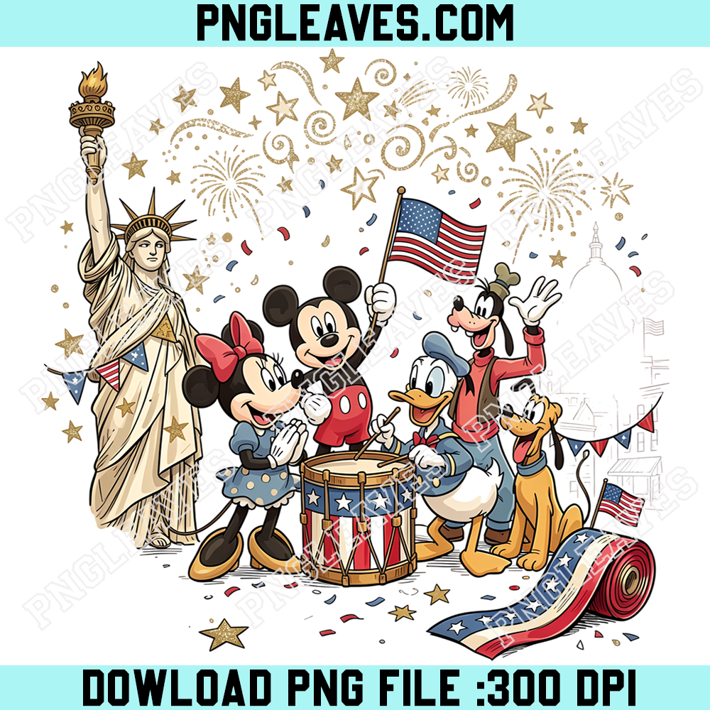 Disney Mickey Mouse 4th of July PNG, Minnie Donald Goofy Pluto and Liberty Patriotic Design