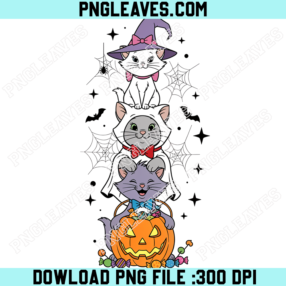 Aristocats Halloween Trick Or Treat PNG, Cute Cats Witch Ghost Pumpkin Design