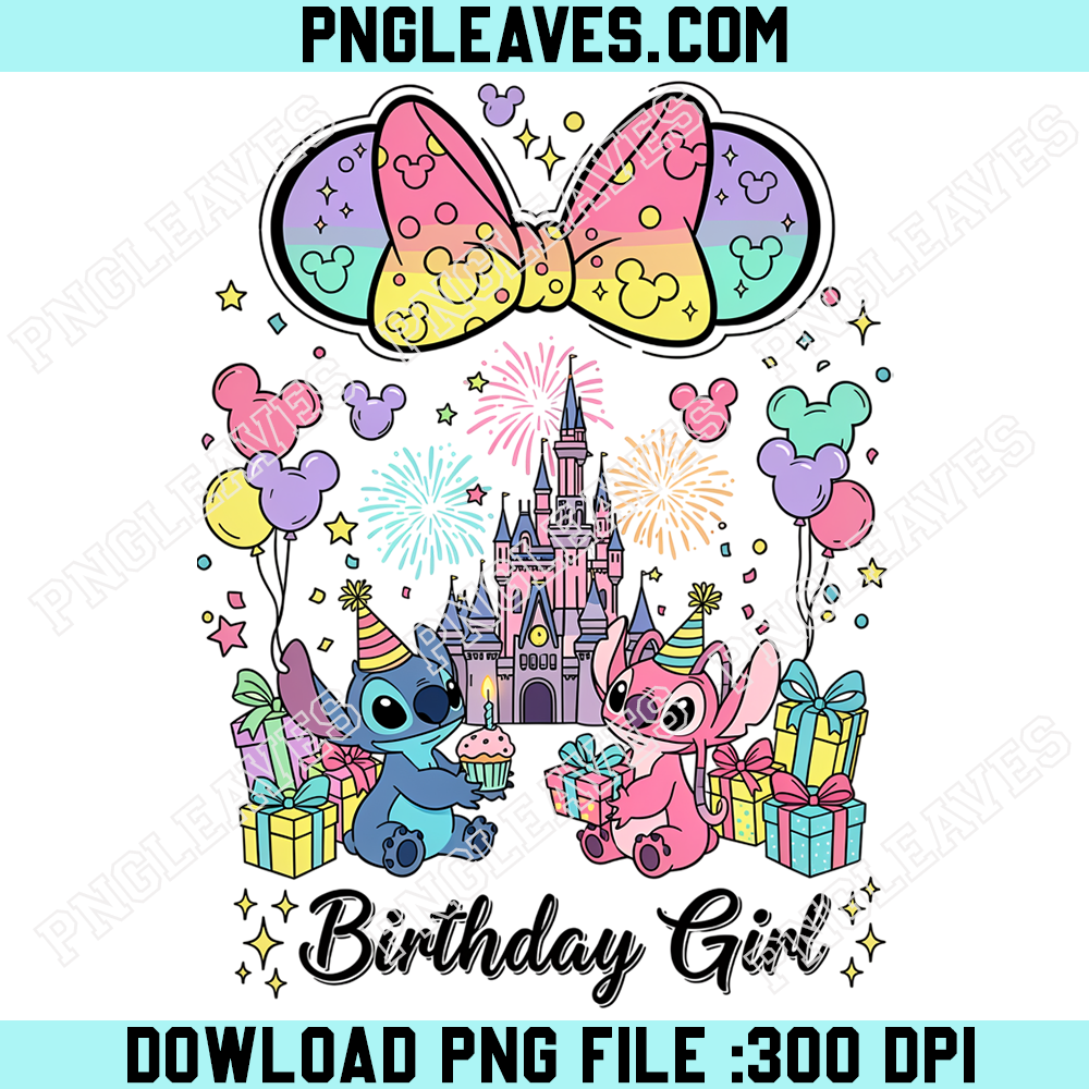 Stitch and Angel Birthday Girl PNG, Pastel Disney Castle Fireworks Birthday Party Design
