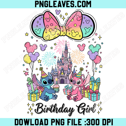 Stitch and Angel Birthday Girl PNG, Pastel Disney Castle Fireworks Birthday Party Design