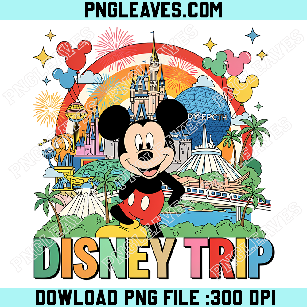 Mickey Mouse Disney Trip PNG, Colorful Disney World Castle Fireworks Vacation Design