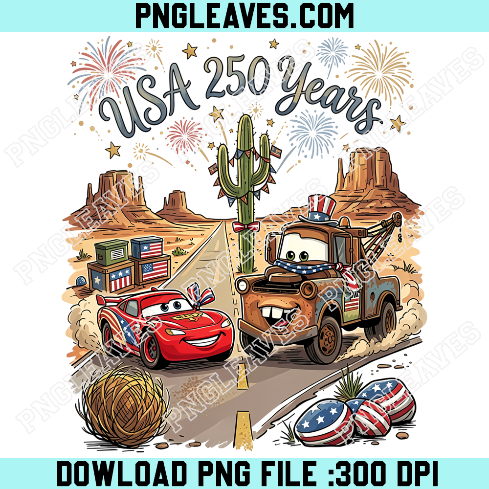 Cars USA 250 Years Patriotic PNG, Lightning McQueen Mater American Road Trip Celebration Design