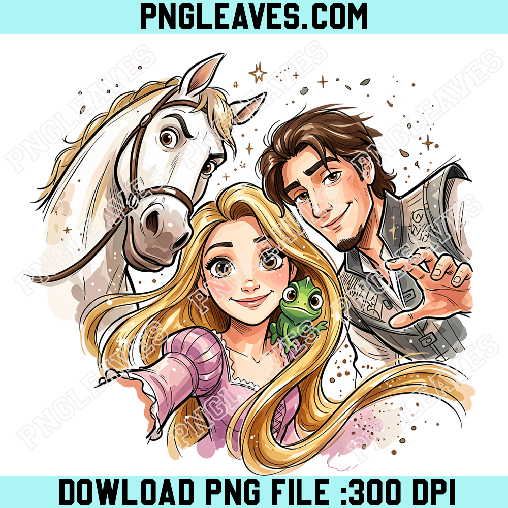 Tangled Rapunzel Flynn Rider Pascal PNG, Princess Rapunzel White Horse Romantic Selfie Design