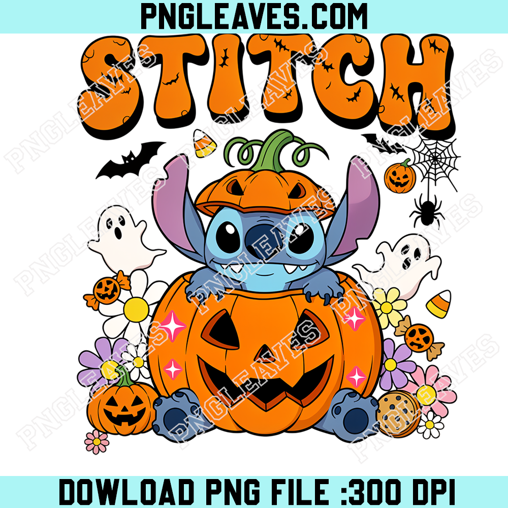 Stitch Trick or Treat Pumpkin Halloween PNG, Adorable Disney Alien Ghosts Flowers and Candy Fall Design
