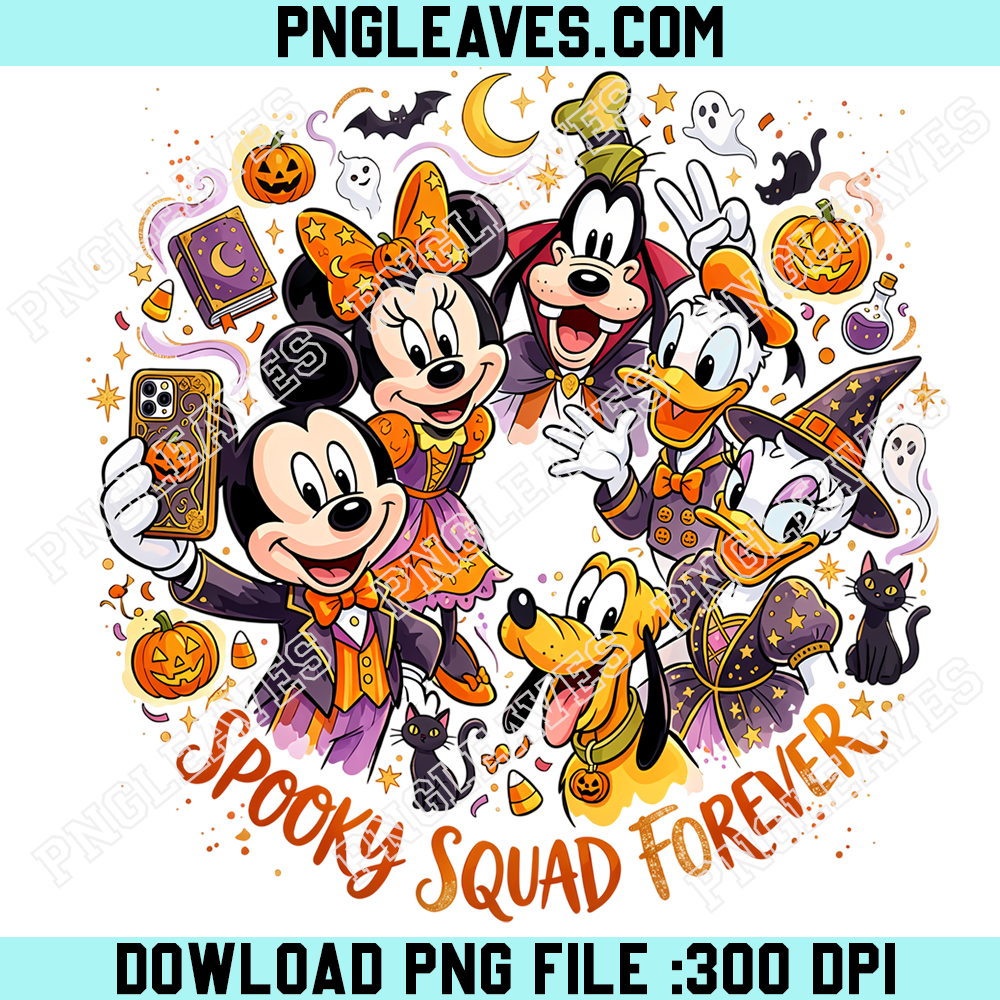 Mickey Mouse Halloween Spooky Squad Selfie PNG, Minnie Donald Daisy Goofy Pluto Magical Costume Party Design