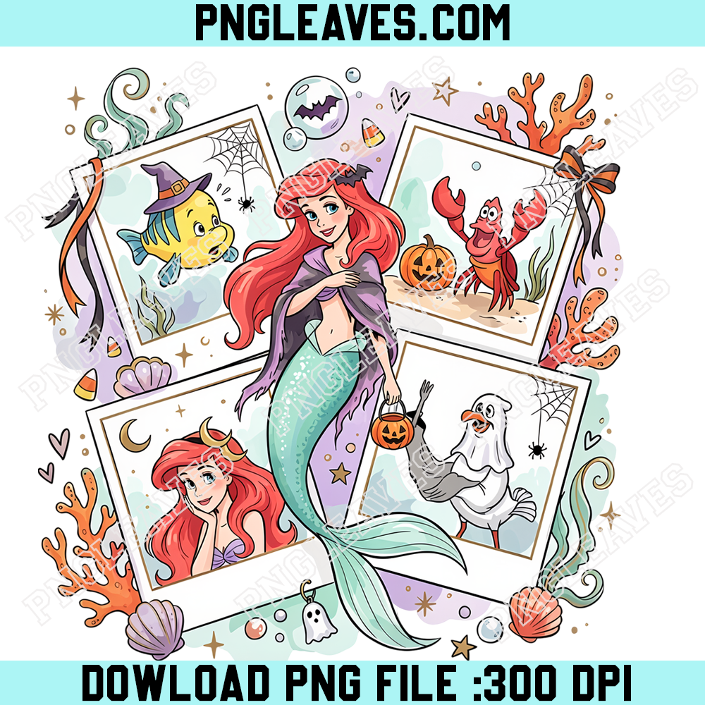 Little Mermaid Ariel Underwater Halloween Memories PNG, Disney Princess Witch Costume Ocean Friends Photo Collage Design