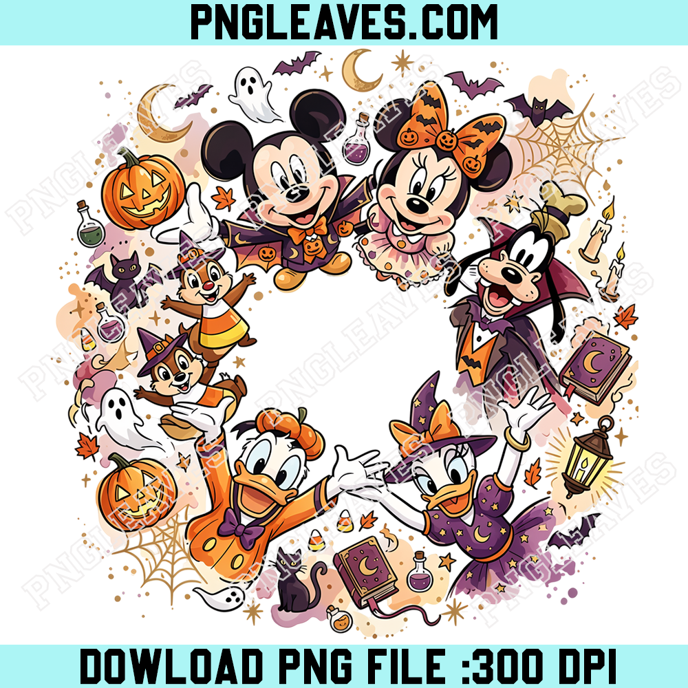 Mickey and Minnie Halloween Magic Wreath PNG, Disney Friends Pumpkin Ghost Witch Costume Spooky Circle Design
