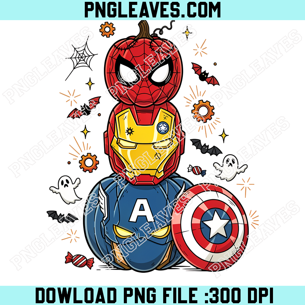 Marvel Superhero Pumpkin Stack PNG, Spider Man Iron Man Captain America Halloween Design