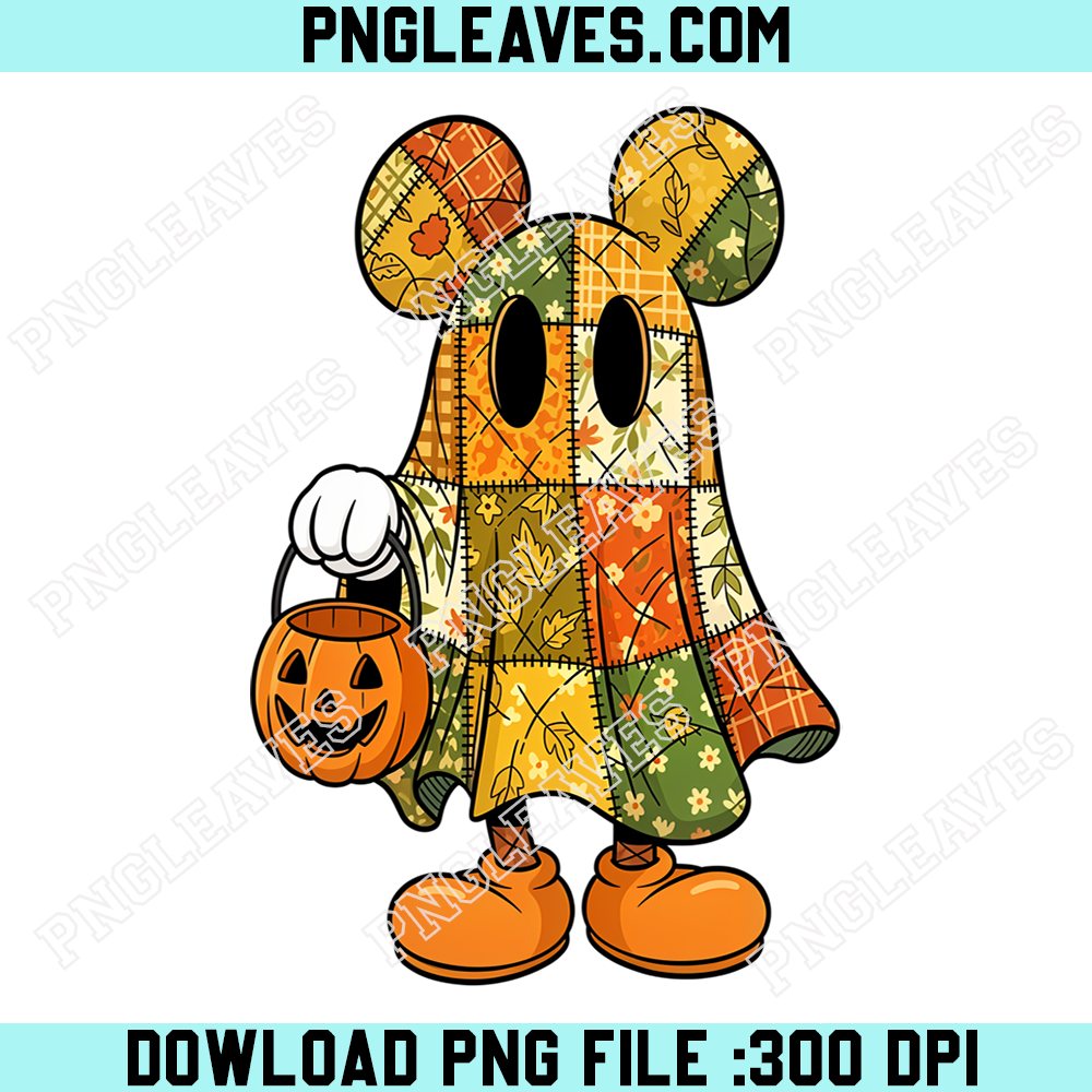 Mickey Patchwork Ghost Halloween PNG, Fall Quilt Trick Or Treat Pumpkin Design