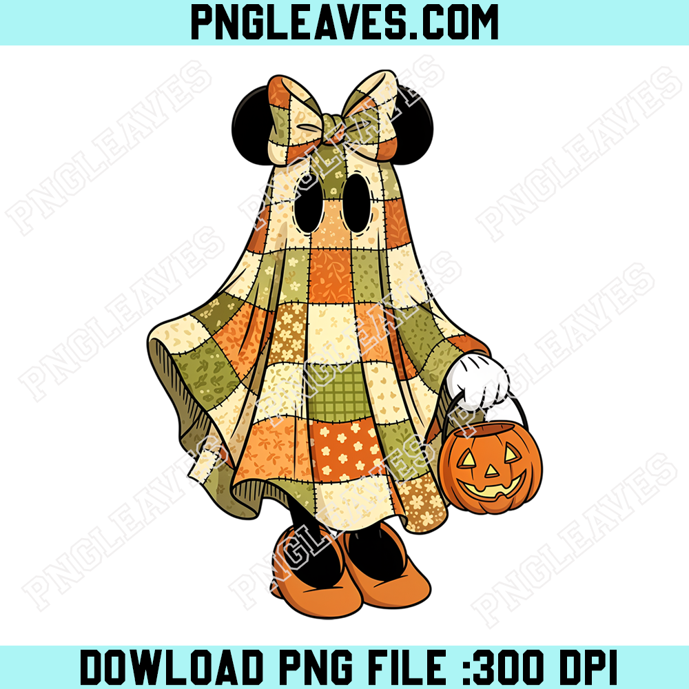 Minnie Patchwork Ghost Halloween PNG, Autumn Quilt Pumpkin Bucket Spooky Design