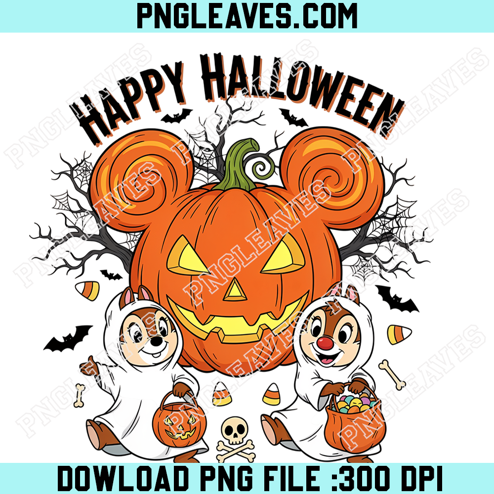 Mickey Pumpkin Happy Halloween PNG, Chip And Dale Ghost Trick Or Treat Design
