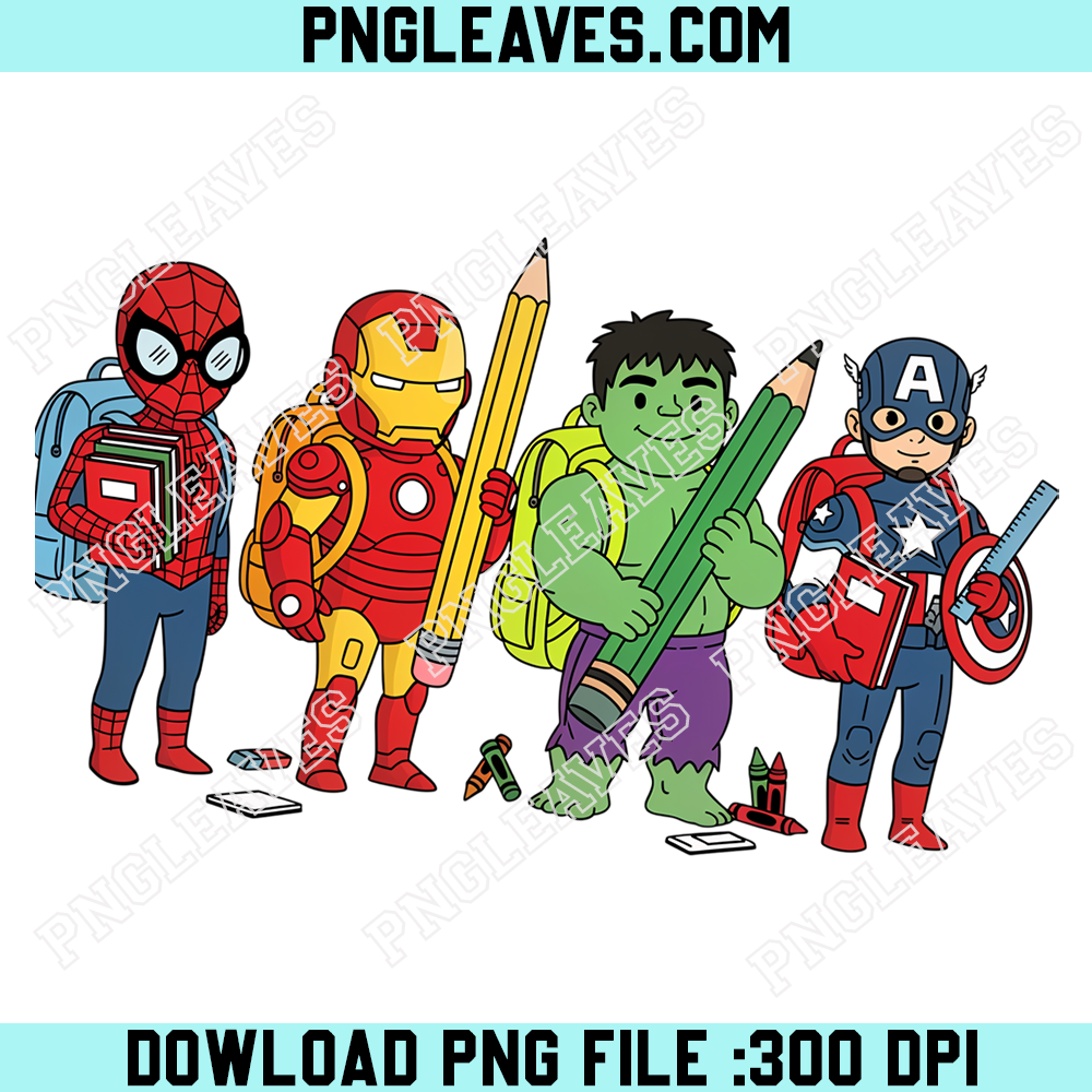 Marvel Superhero Back To School PNG, Spider Man Iron Man Hulk Captain America Student Design