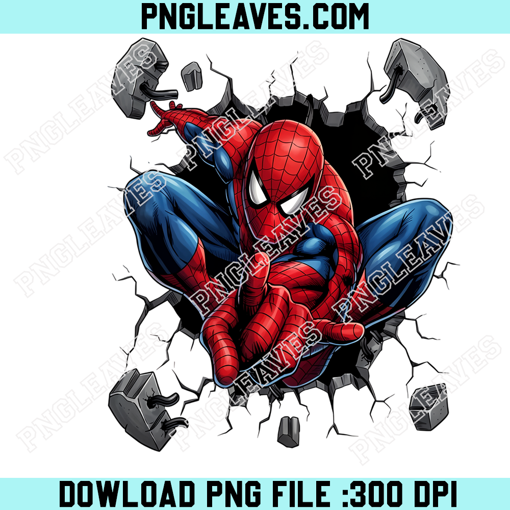 Spider Man Breaking Wall PNG, Marvel Superhero 3D Cracked Wall Action Design