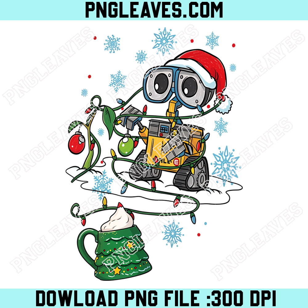WALL-E Christmas Lights PNG, Cute Robot Santa Hat Holiday Snowflake Design
