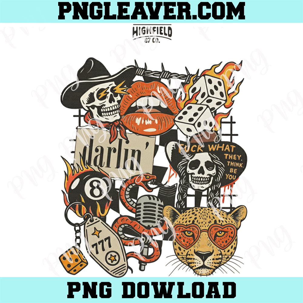 Darlin Western Retro Cowboy Collage Png, Trendy Graphic Tees Skull And Leopard Png