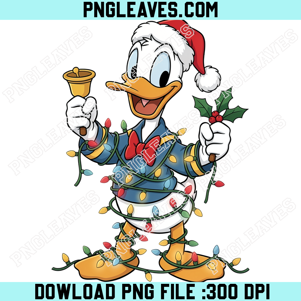 Donald Duck Christmas Jingle Bells PNG, Disney Duck Santa Hat Colorful String Lights Holiday Artwork