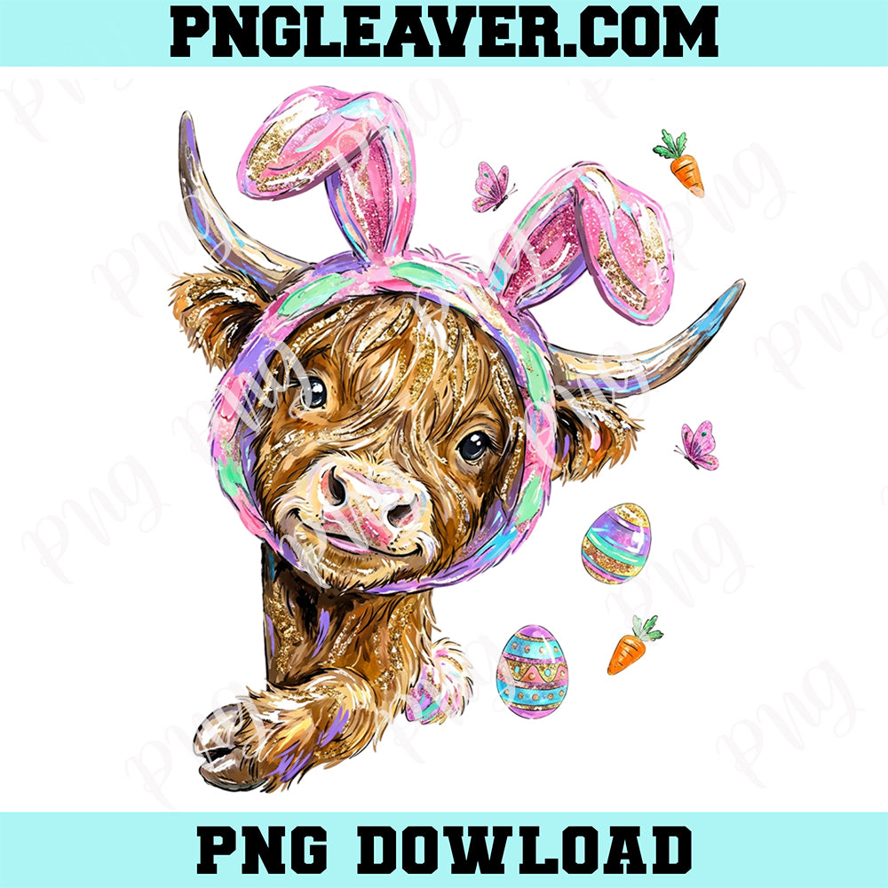 Cute Highland Cow Bunny Easter Png, Easter Bunny Cow Png, Spring Farm Animal Png