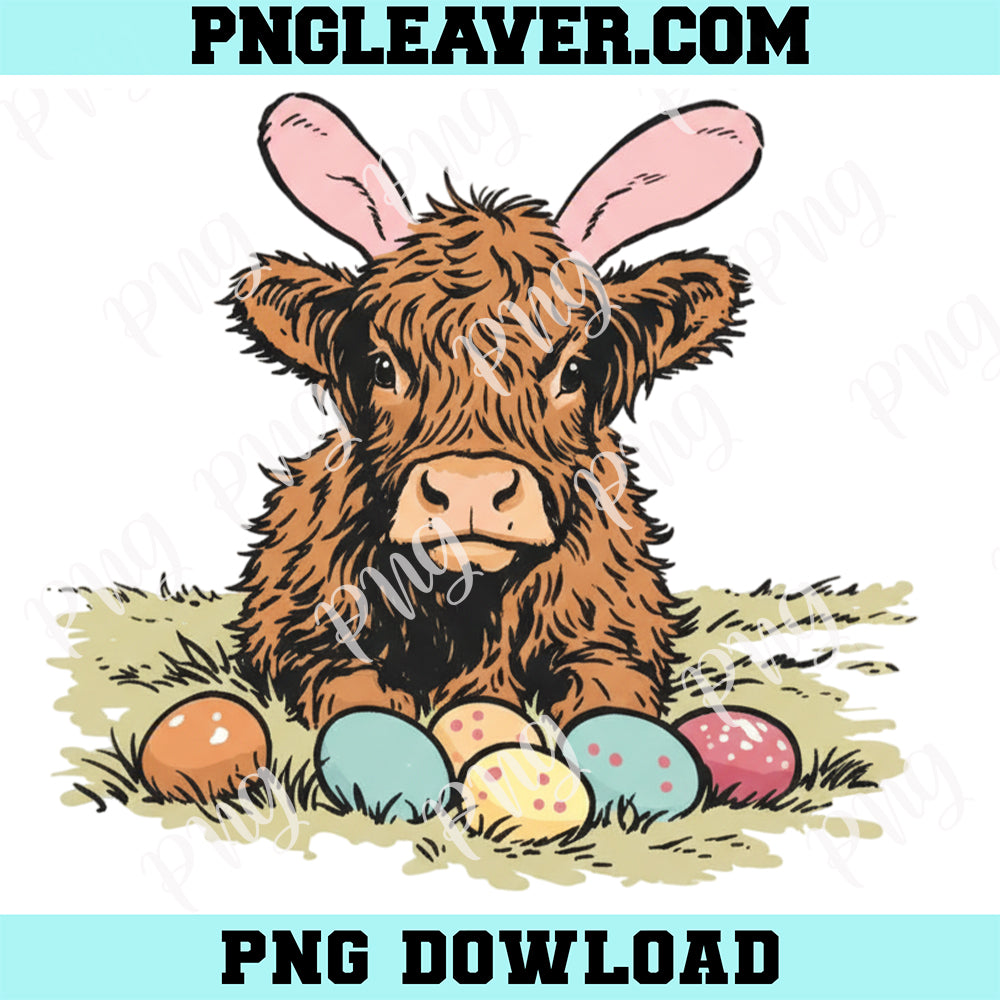 Easter Highland Cow Png, Bunny Ears Png, Eggs Spring Farm Png
