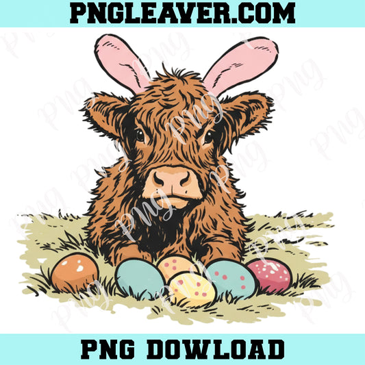 Easter Highland Cow Png, Bunny Ears Png, Eggs Spring Farm Png