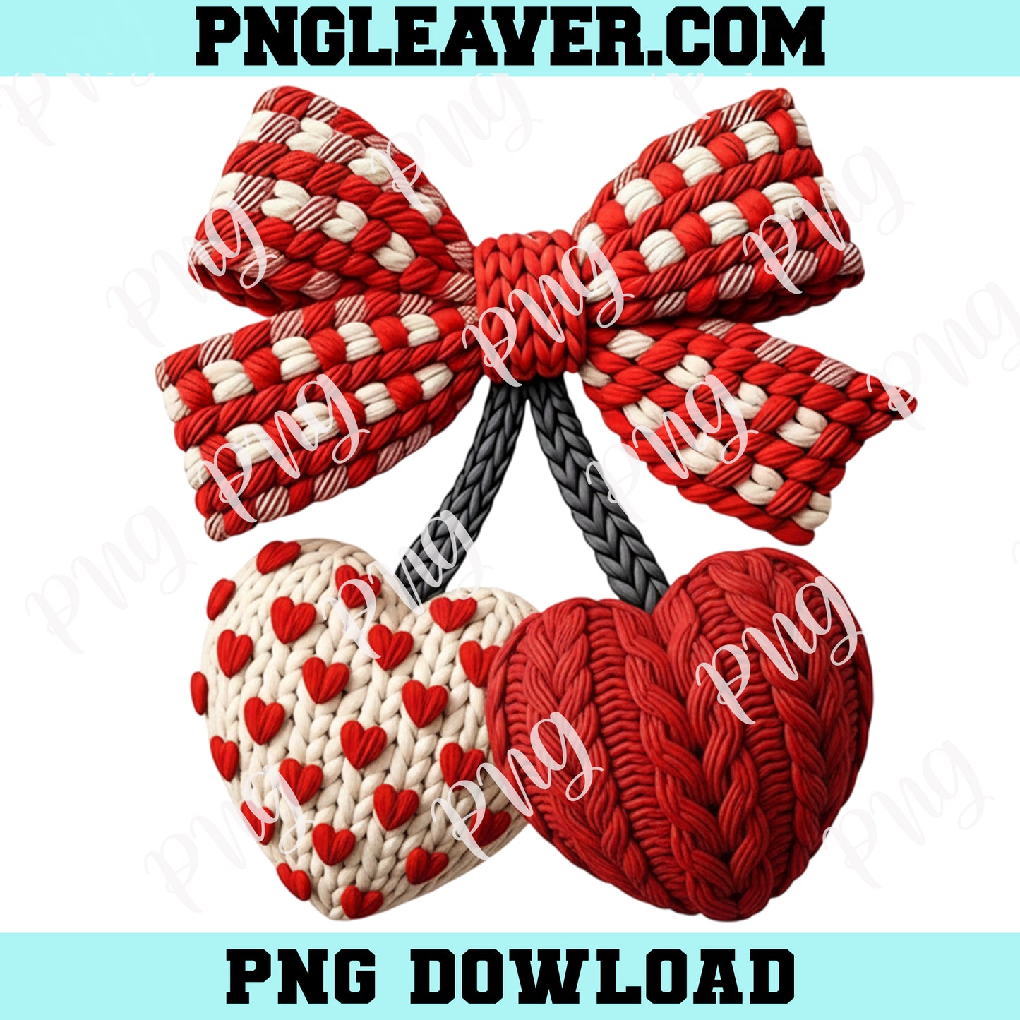 Faux Crochet Valentine PNG, Knit Hearts Bow Clipart Png, Crochet Png