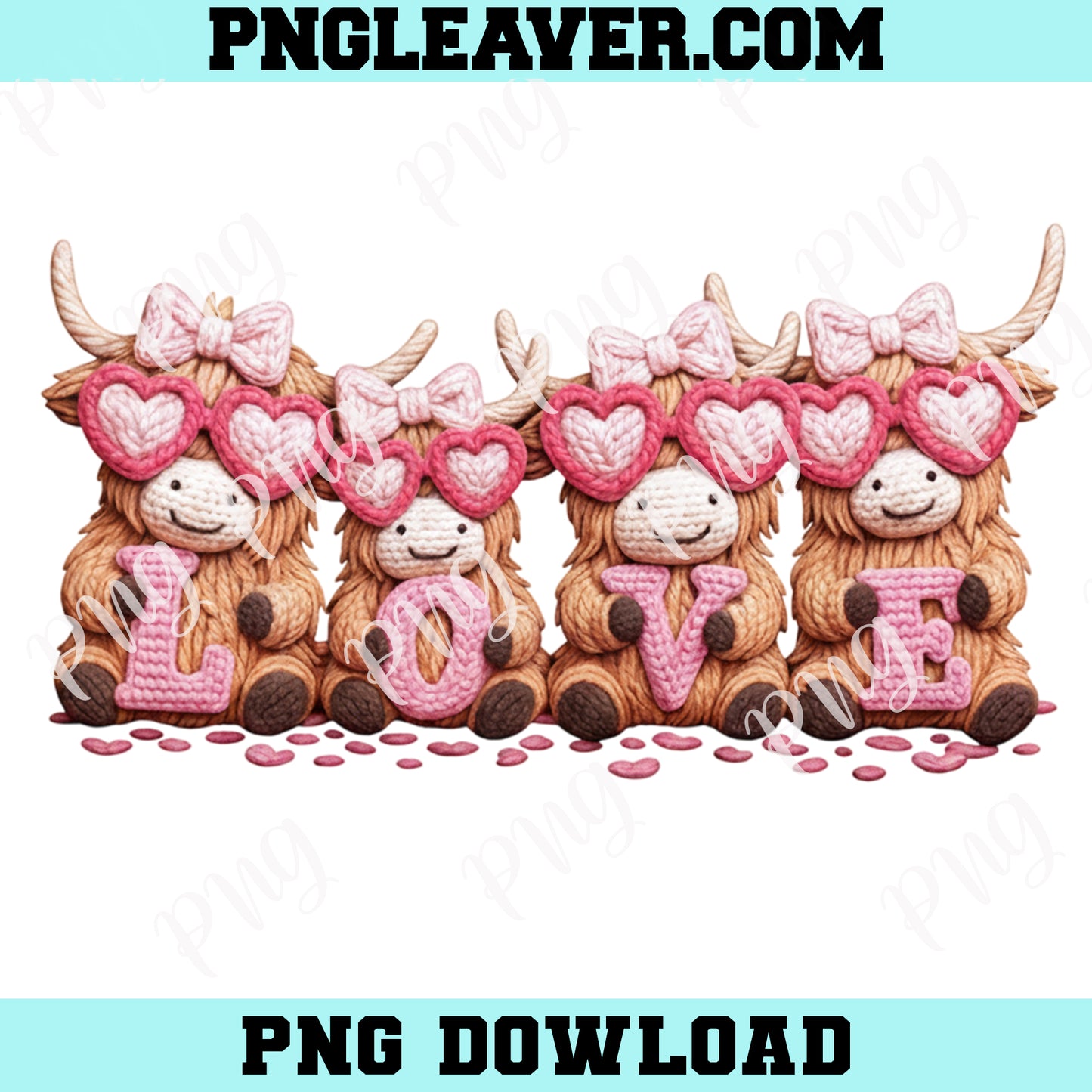 Faux Yarn Highland Cow Love Png, Valentine Coquette Png, Crochet Valentine Heart Png, Love Png