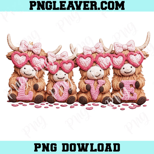 Faux Yarn Highland Cow Love Png, Valentine Coquette Png, Crochet Valentine Heart Png, Love Png