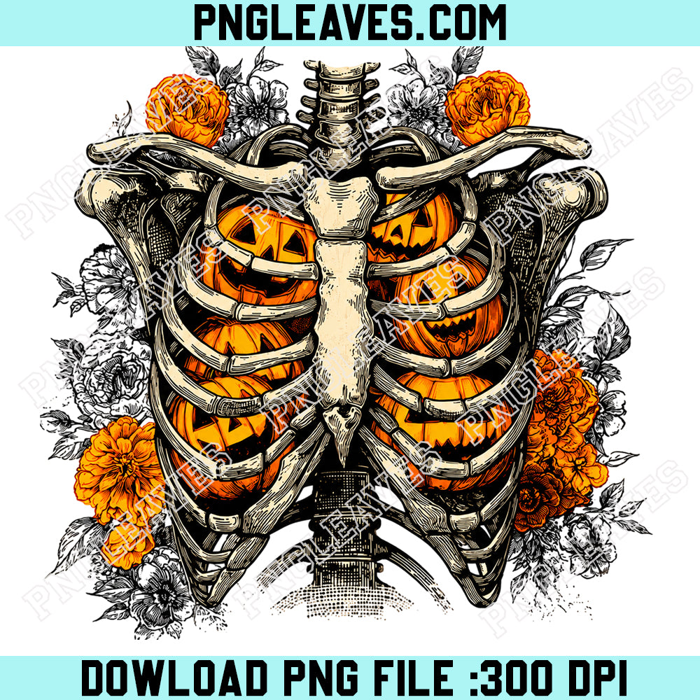 Floral Ribcage Pumpkins PNG, Skeleton Fall PNG, Retro Halloween Skeleton PNG