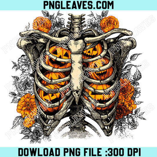 Floral Ribcage Pumpkins PNG, Skeleton Fall PNG, Retro Halloween Skeleton PNG