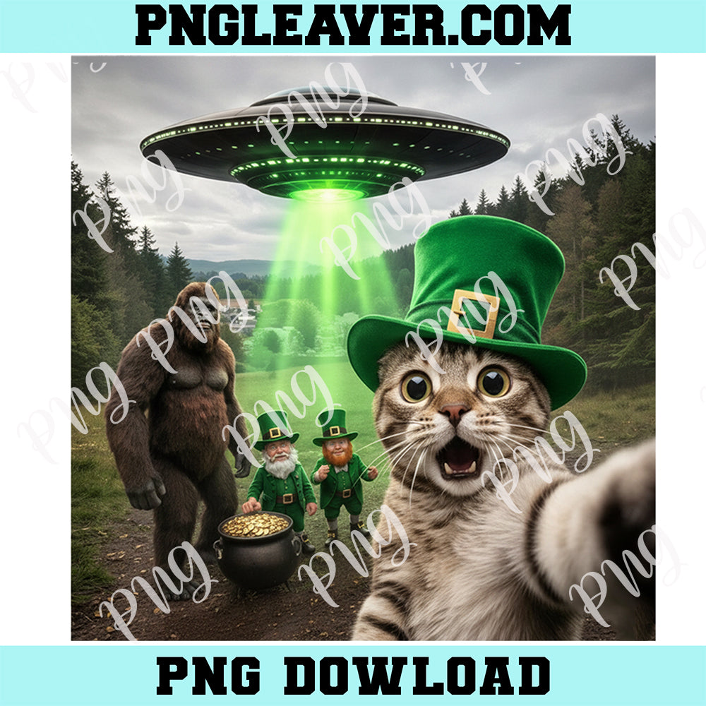 Cat Patrick Day Funny Bigfoot Png, Funny St Patricks Day Cat Selfie With Leprechaun Bigfoot UFO Png