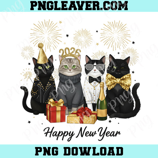 Gillter Happy New Year Cat PNG, Cute Cats New Year Holiday Pet Png, Cat Lover Shirt Design New Year 2026