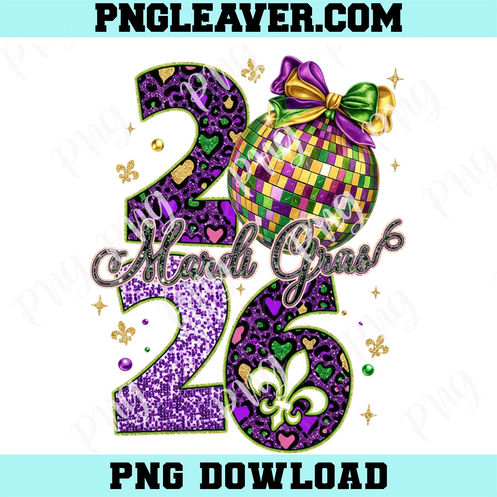 Glitter Leopard 2026 Mardi Gras Png, Carnival Disco Ball Png, Fleur De Lis Png