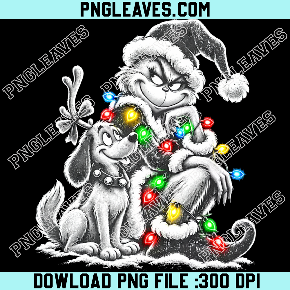 Grinch And Max Wearing Christmas Lights PNG, Dr Seuss Holiday Season Character Vector PNG