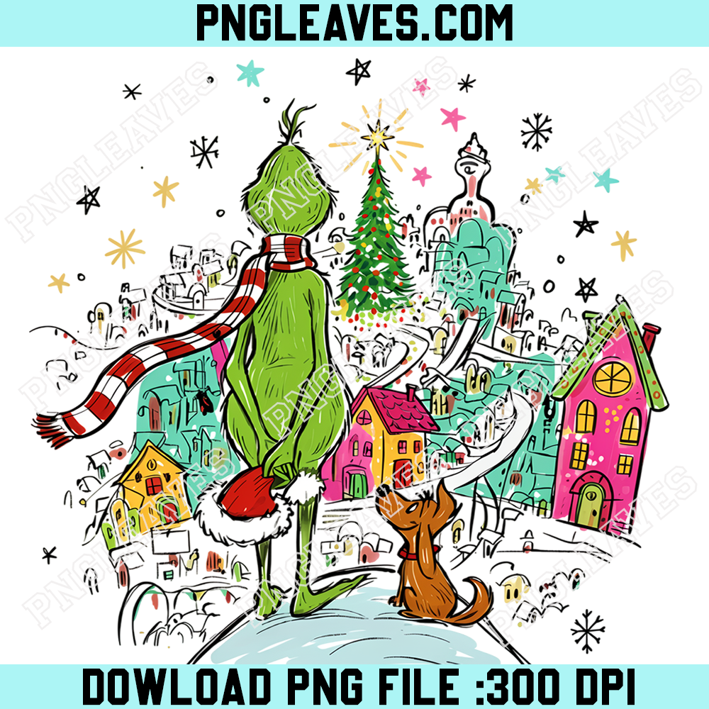 Grinch Christmas Town PNG, Funny Green Holiday Character Winter Scene Design