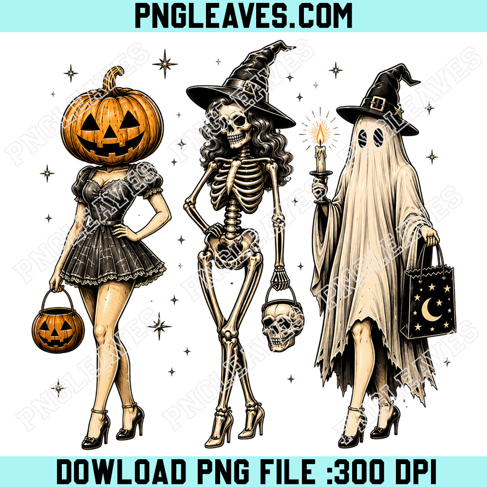 Halloween Spooky Girl Squad PNG, Retro Skeleton Ghost Pumpkin PNG, Witchy Fall PNG