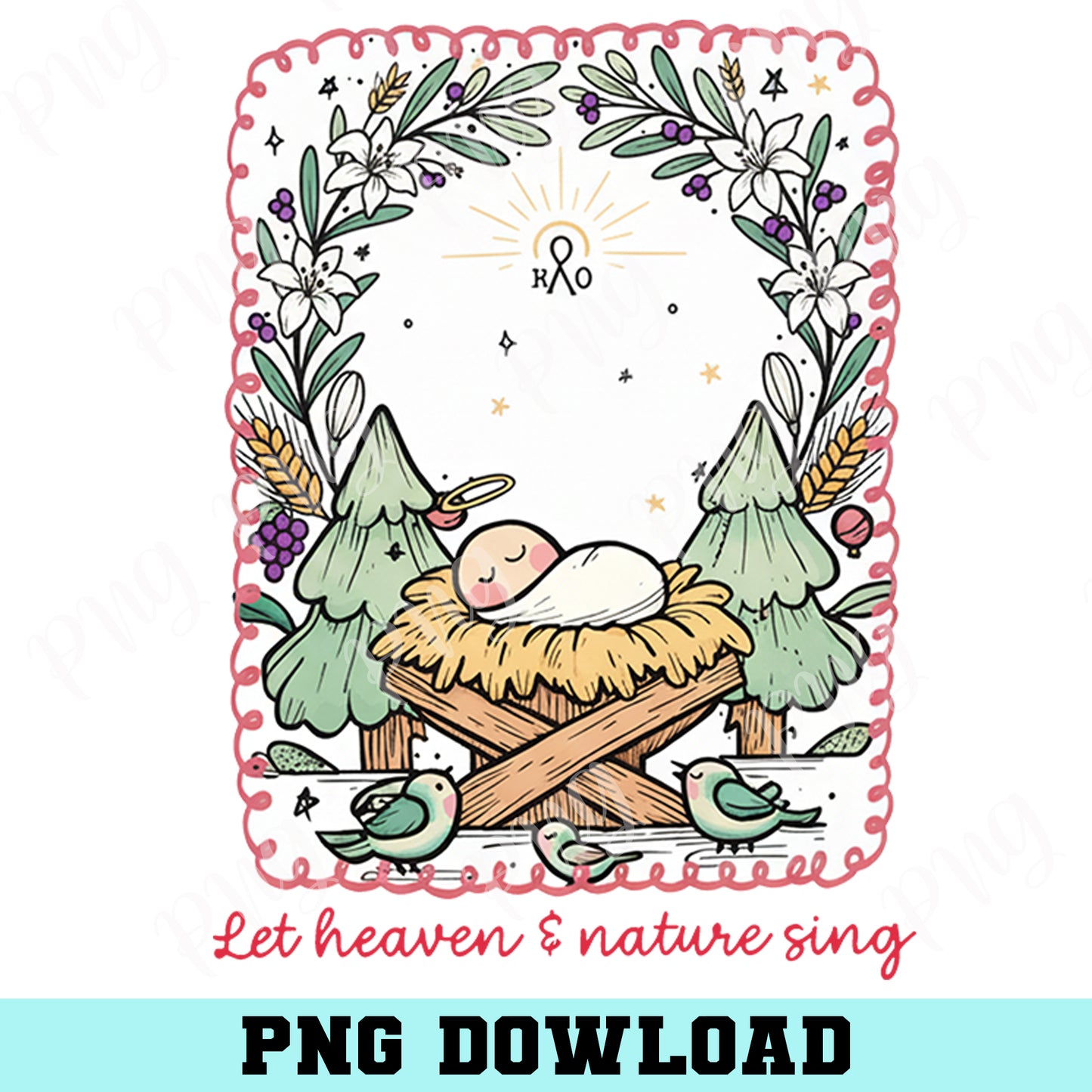 Heaven and Nature Sing PNG, Preppy Christmas Nativity Bow Trees Design, Jesus Baby Png