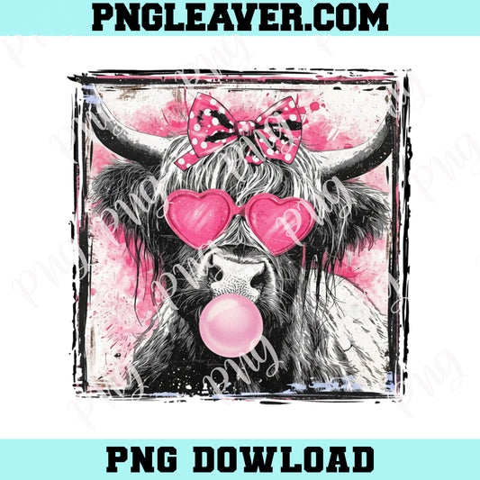 Highland Cow Pink Love Png, Highland Cow Valentine Coquette Png, Valentine's Day, Retro Cow Valentine Png