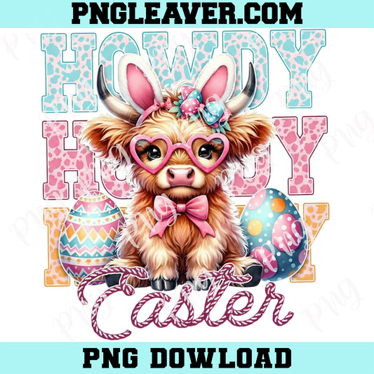 Howdy Easter Cute Highland Cow Png, Western Easter Bunny Ears Png, Cattle Easter Png