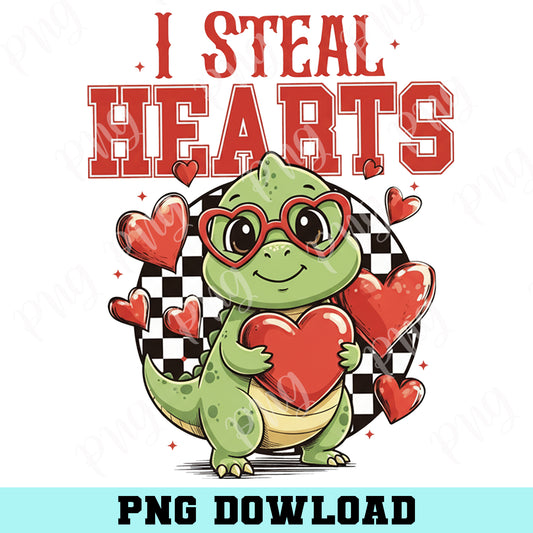 T rex I Steal Hearts PNG, Valentines Day Png, Retro Valentine, Kids Valentine Png