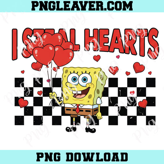 Sponge Bob I Steal Hearts Png, Happy Valentine XOXO, Checkered Cartoon Sponge Bob Png,
