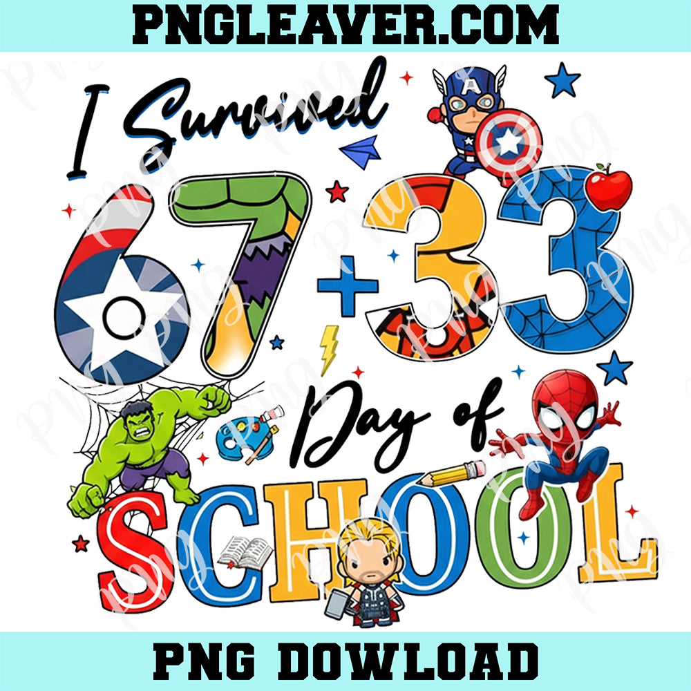 Superhero I Survived 67+33 Days Of School Png, Superhero 100 Days Of School Cartoon Png