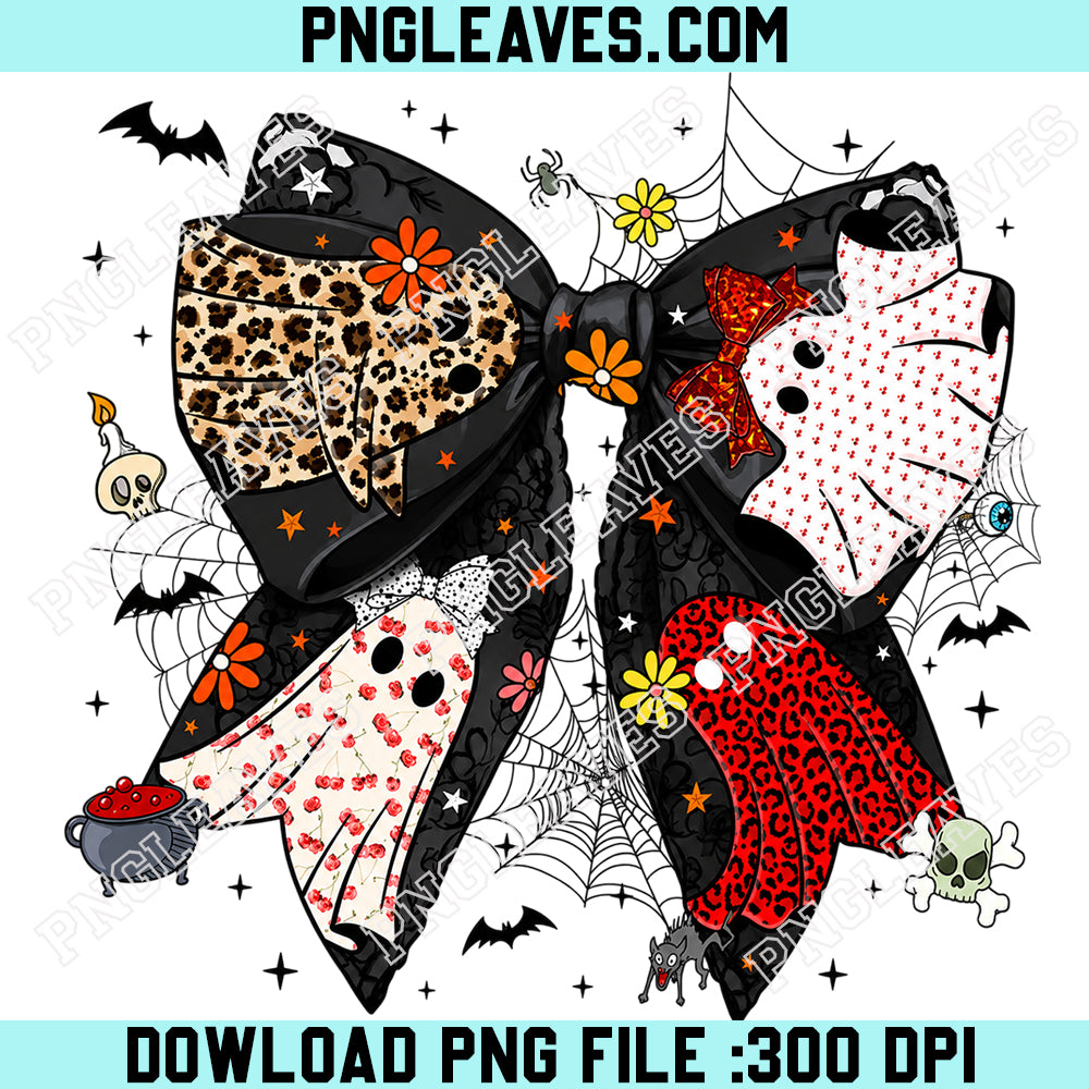 Bow Leopard Checker Spooky PNG, Bow Halloween Ghost Neon PNG, Cute Boo Ghost Coquette PNG