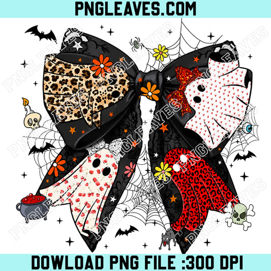Bow Leopard Checker Spooky PNG, Bow Halloween Ghost Neon PNG, Cute Boo Ghost Coquette PNG
