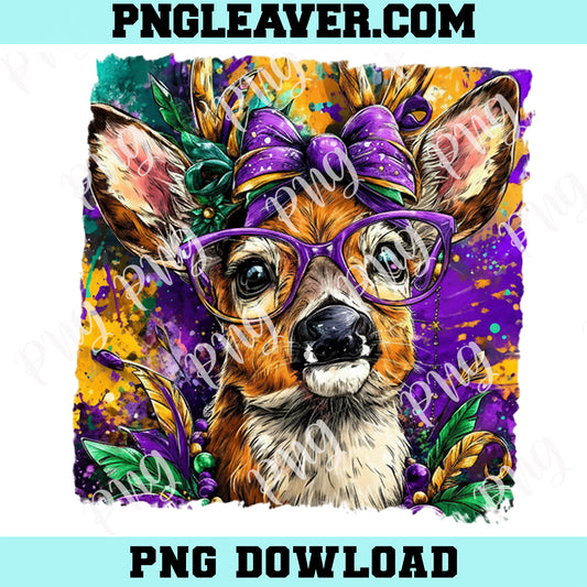 Mardi Gras Deer Watercolor PNG, Watercolor Purple Glasses Bow Feathers Png