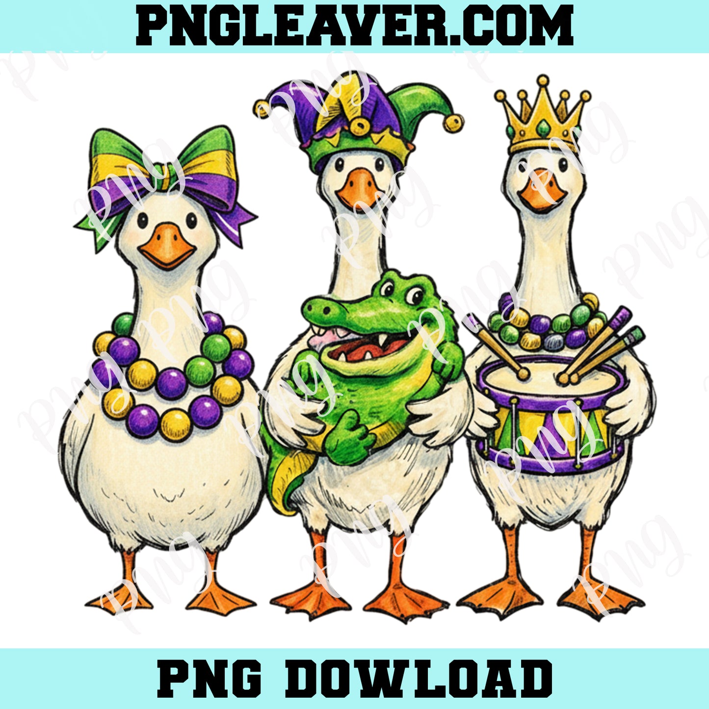 Goose And Alligator Mardi Gras Png, Mardi Gras Goose PNG, Hand Drawn Alligator Mardi Gras Beads Silly Goose Shirt