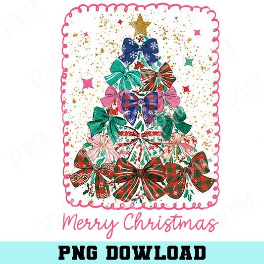 Bow Merry Christmas Tree Png, Coquette Christmas Sublimation Designs, Preppy Xmas Png