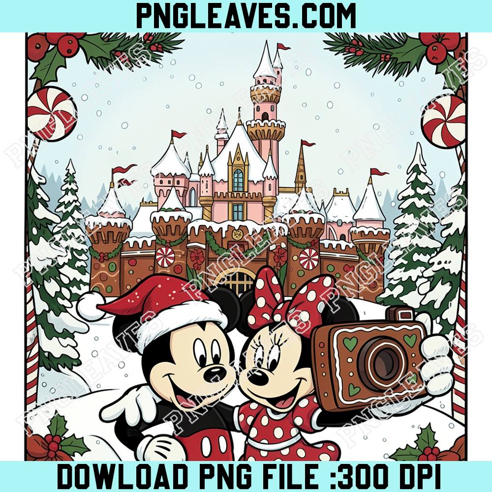 Mickey Minnie Christmas Castle Selfie PNG, Cute Snowy Holiday Couple Illustration