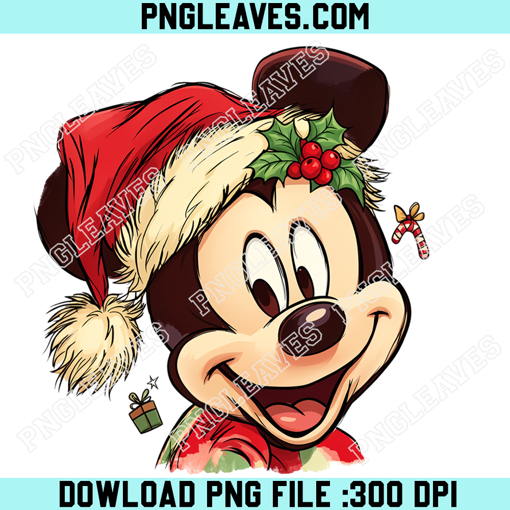 Mickey Mouse Santa Holly Portrait PNG, Classic Disney Christmas Mouse PNG