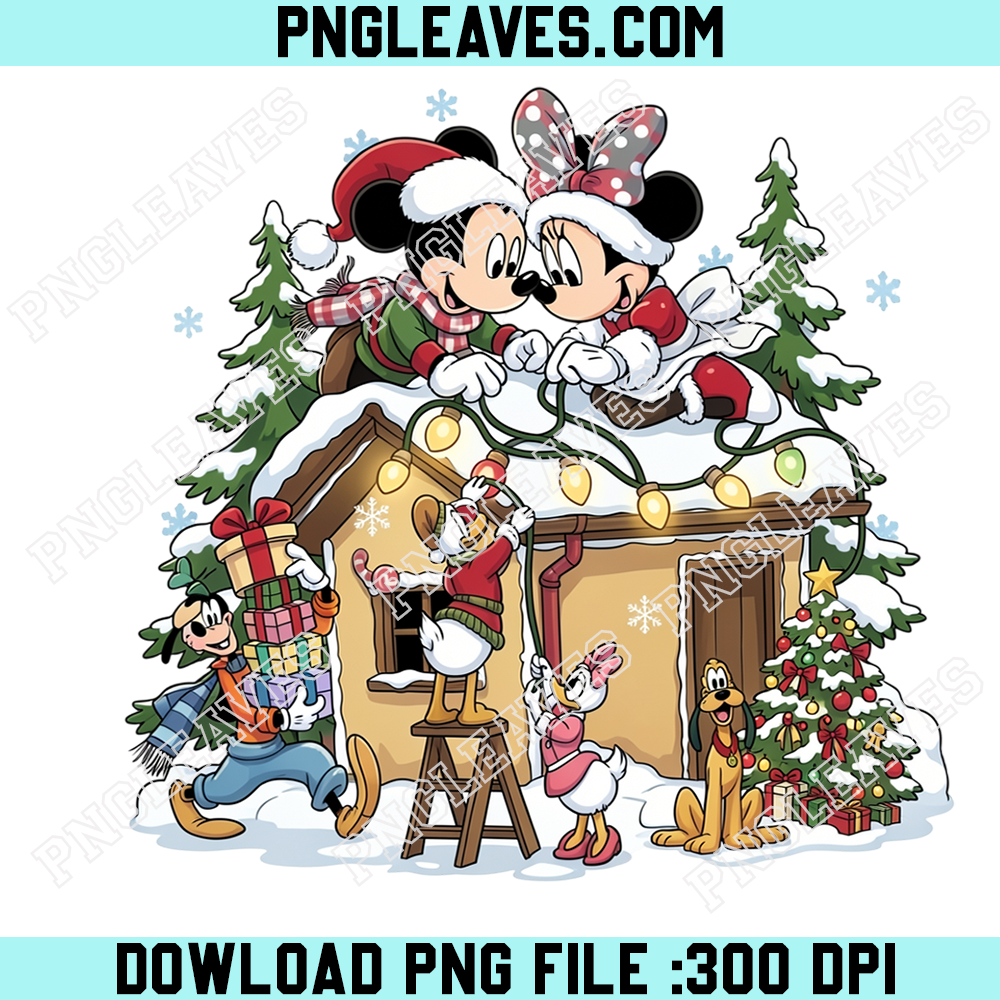 Mickey and Minnie Christmas Rooftop PNG, Disney Friends Decorating Holiday House PNG