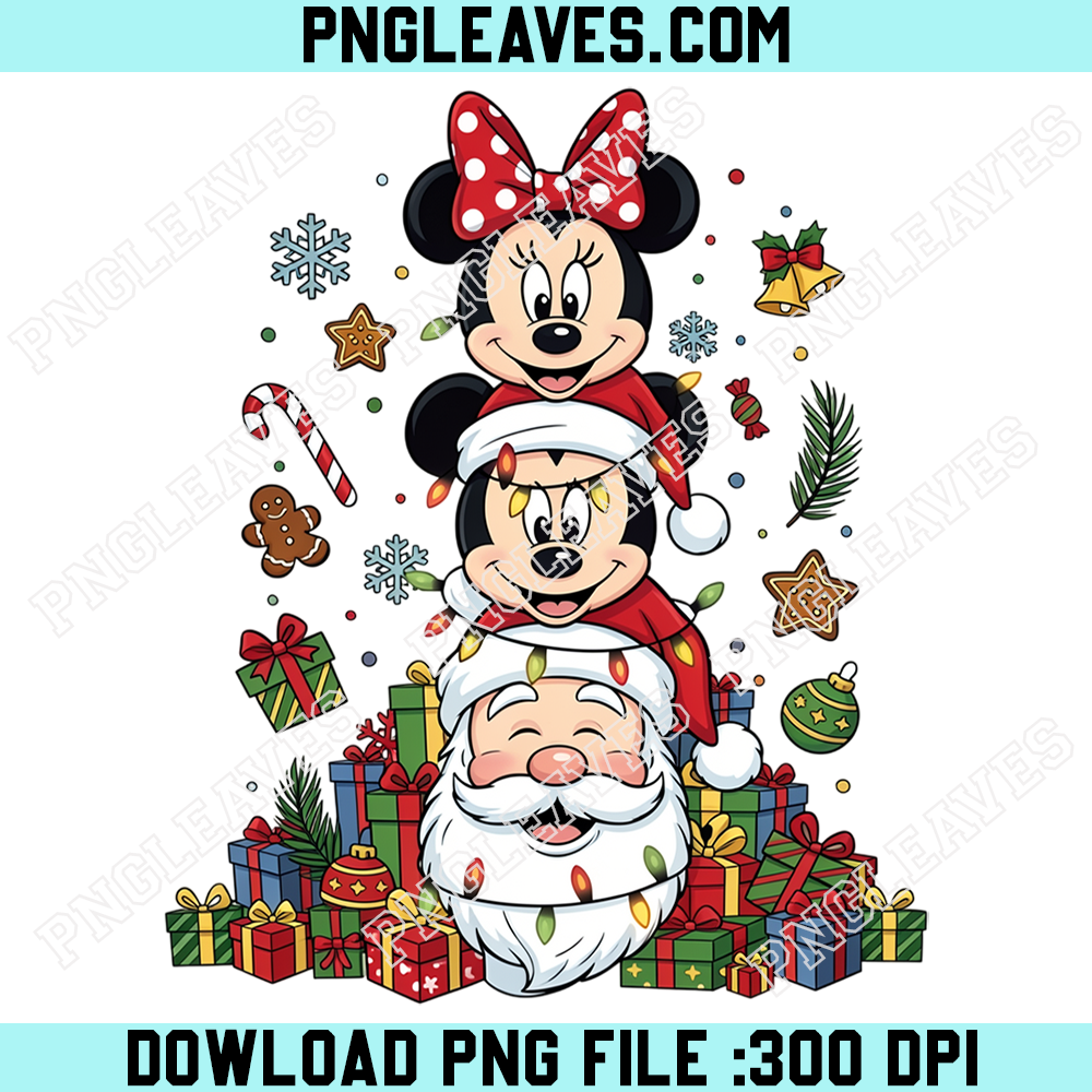 Minnie Mickey Santa Christmas Stack PNG, Cute Festive Character Tower with Colorful Gifts Design